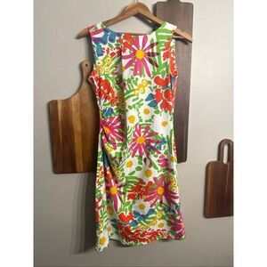 J. McLaughlin Multicolor Floral Ruched Stretch Boat Neck Sleeveless Dress Small